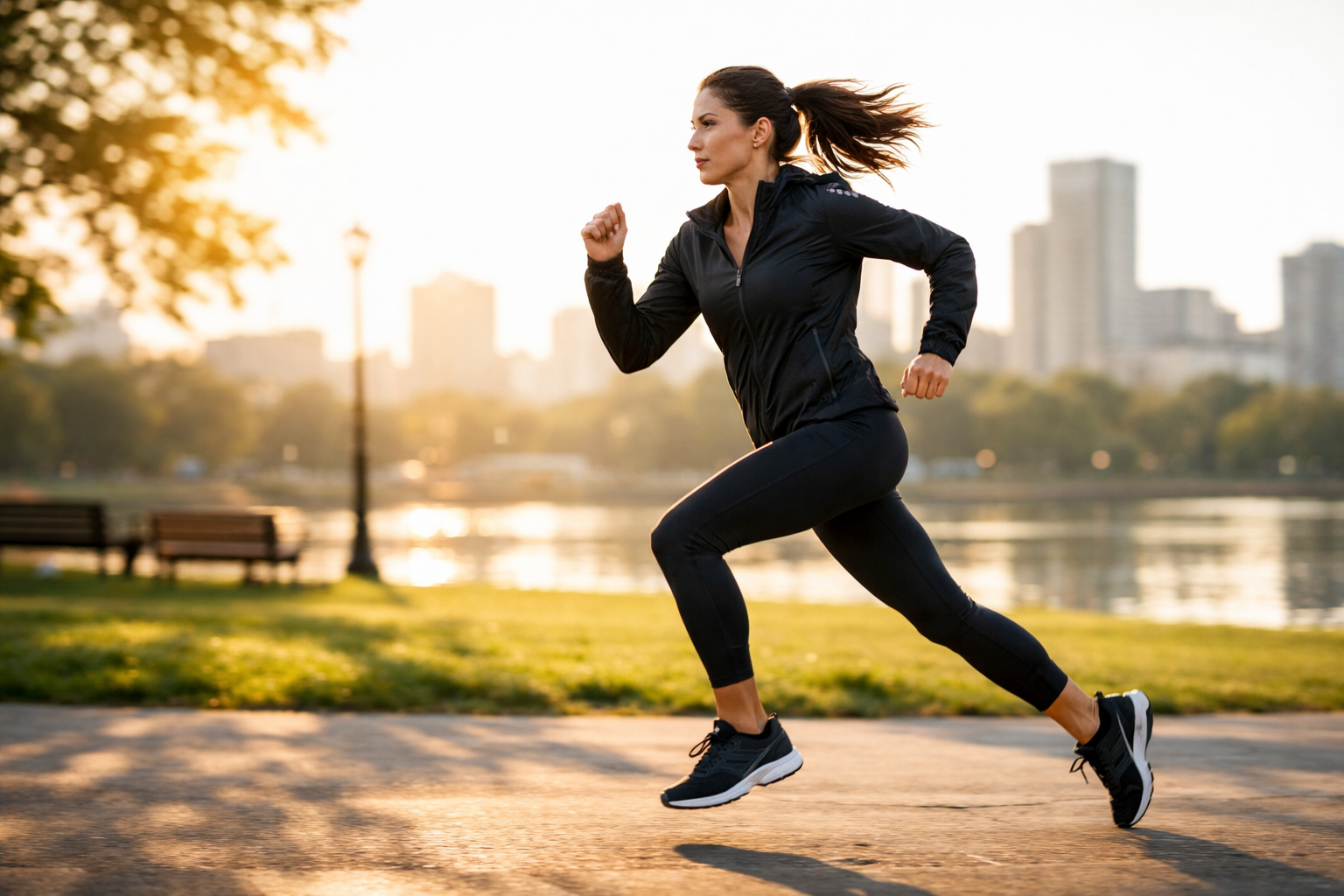 Ranní běh v městském parku — pohyb a energie