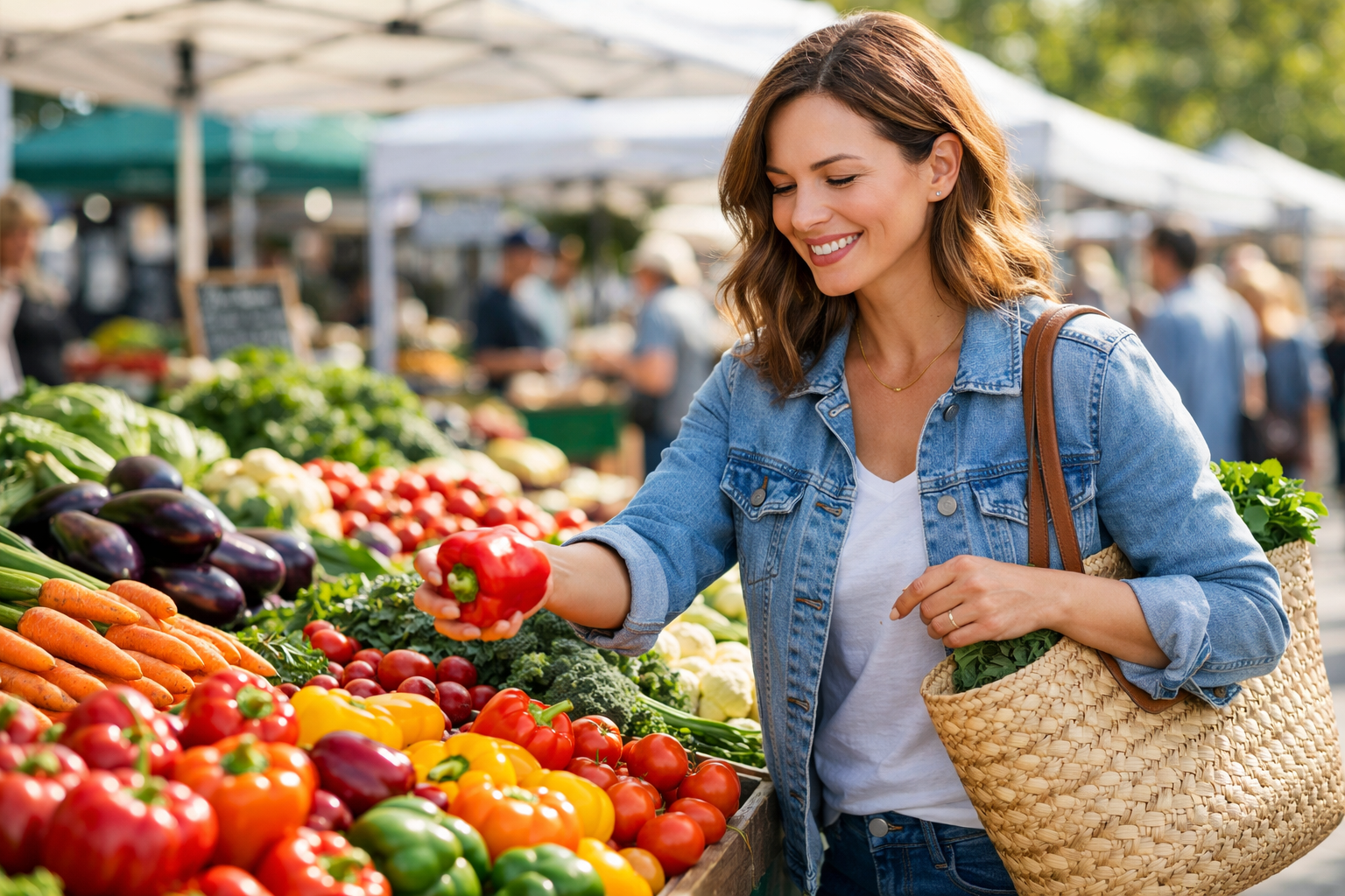 Žena vybírá čerstvou zeleninu na farmářském trhu