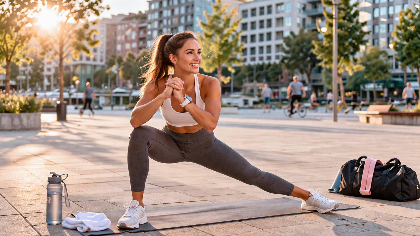 Skupina lidí cvičí venku na náměstí — pozitivní atmosféra